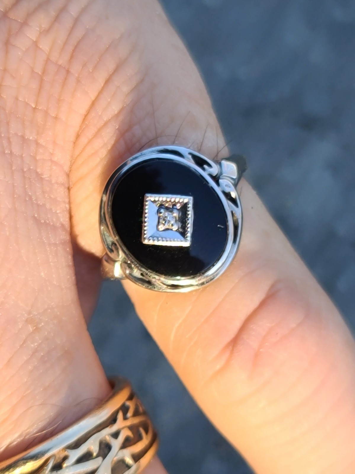 VTG 10k Solid White Gold Diamond Black Onyx Art Deco Ring 4.75sz Signed 3.29gr