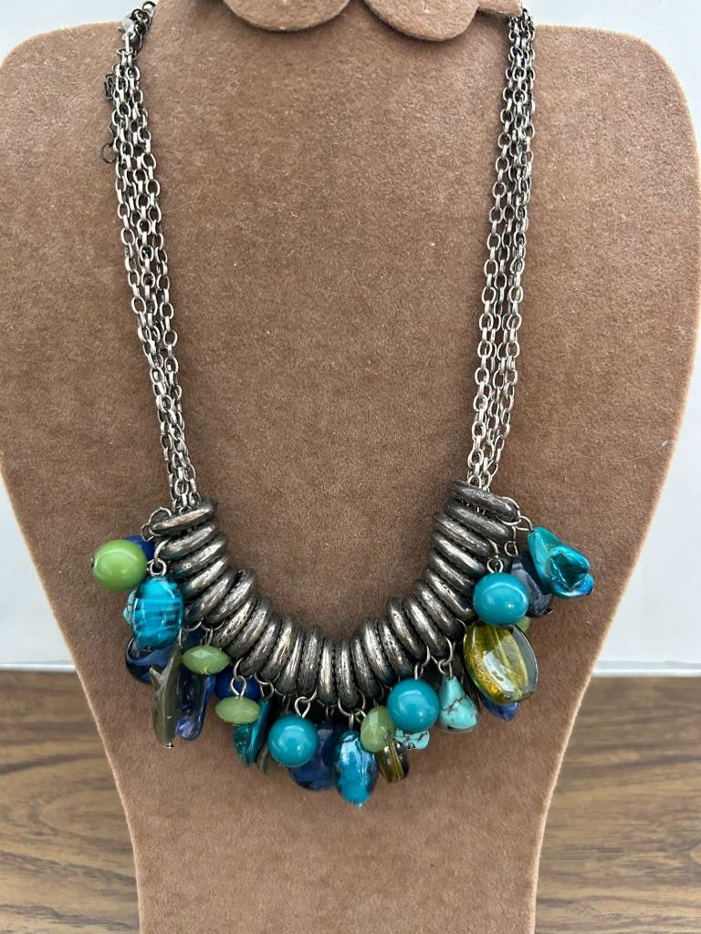 2 necklaces RMN stones beads lobster clasp adjustable length blue green