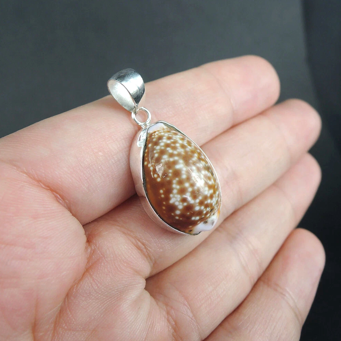 925 Sterling Silver Small Spotted Brown Cowrie Shelll Pendant Jewelry, CSP-45