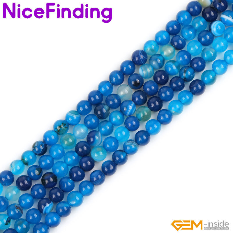 Natural Round Blue Smooth Sardonyx Agate Banded Beads For Jewelry Making 15”