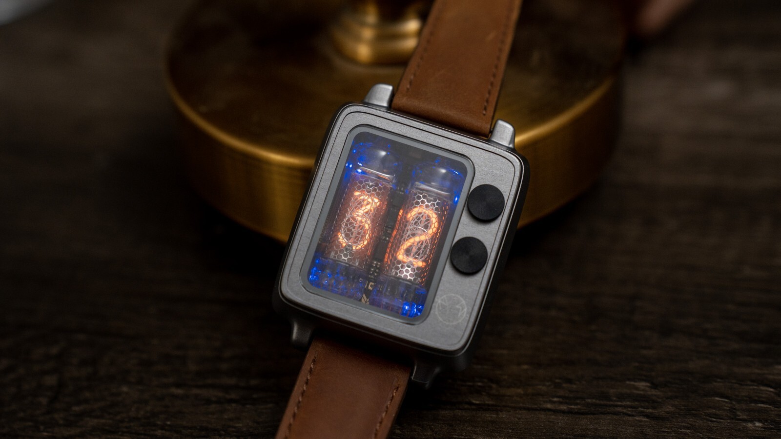 New NEONWORKS BTF NIXIE TUBE WATCH Retro Timer WristUp Aluminum Brown Straps v.