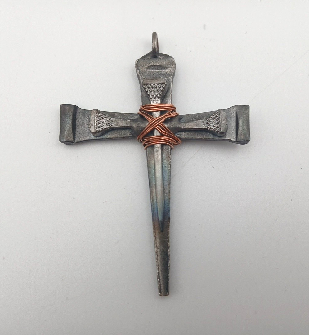 Handmade Steel Copper Cross Pendant Brutalist Rustic 3.25″