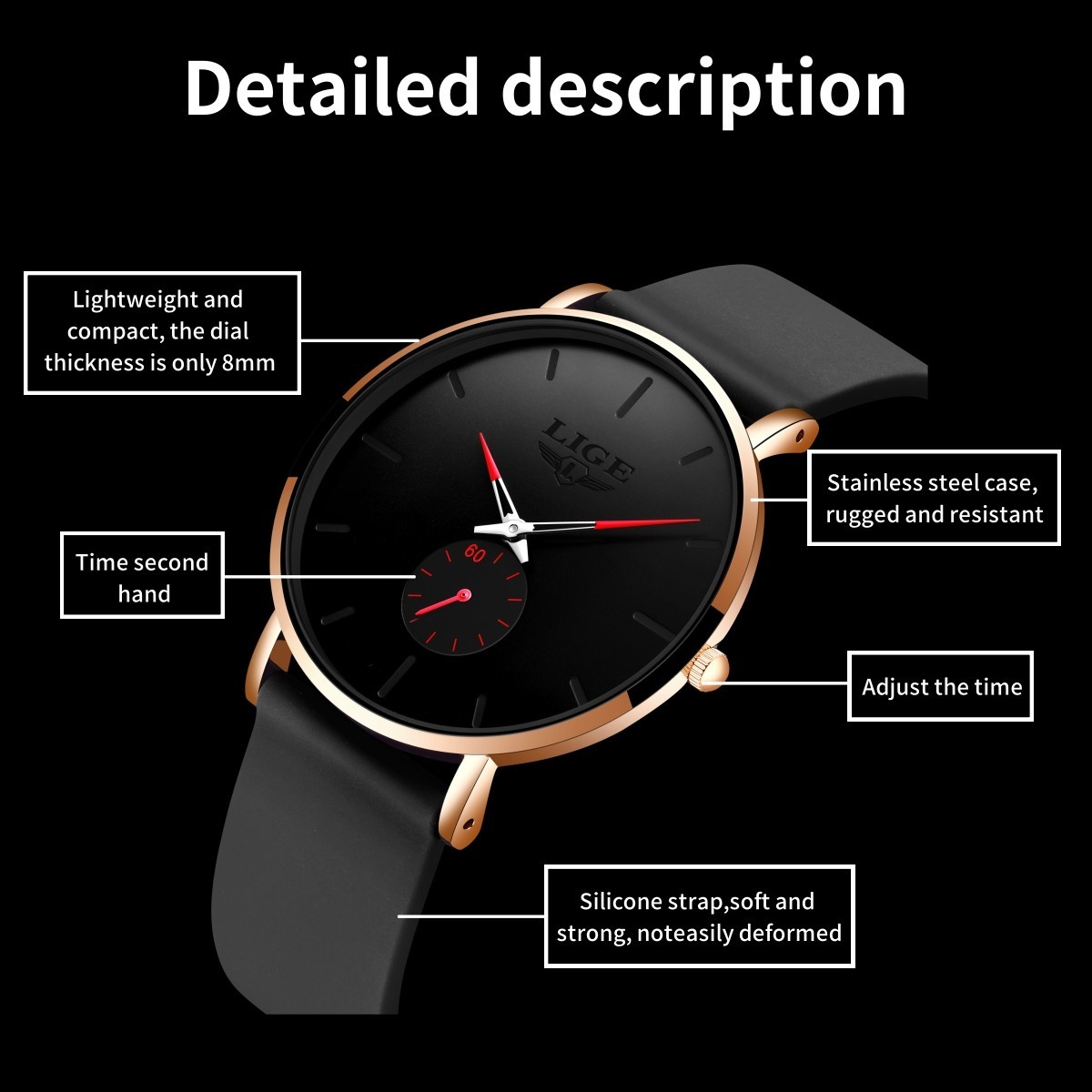 LIGE Men Watch Ultra-thin Quartz Analog 3ATM Waterproof Casual Ladies Wristwatch