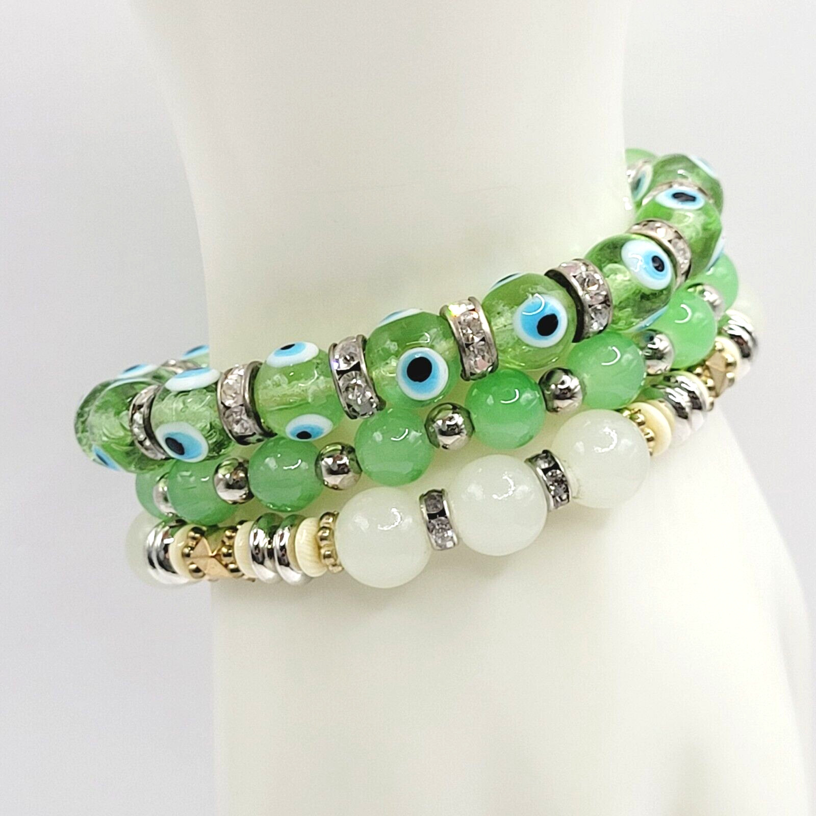 Modern Three Glass Bead w Rhinestone Jade Milky Glass Color Stretch Bracelet Set