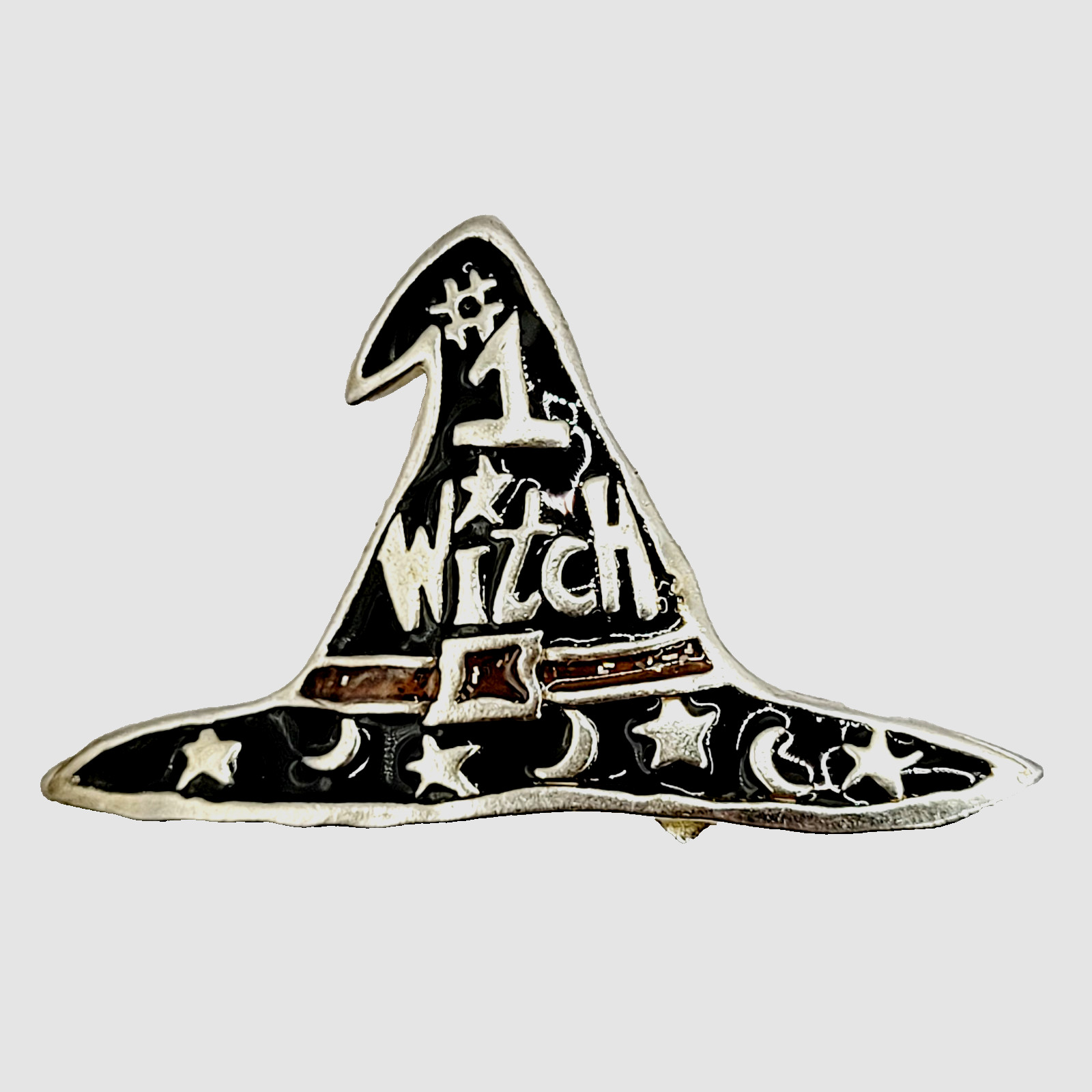Number 1 Witch Black Witches Hat Metal and Enamel Halloween Vintage Brooch Pin