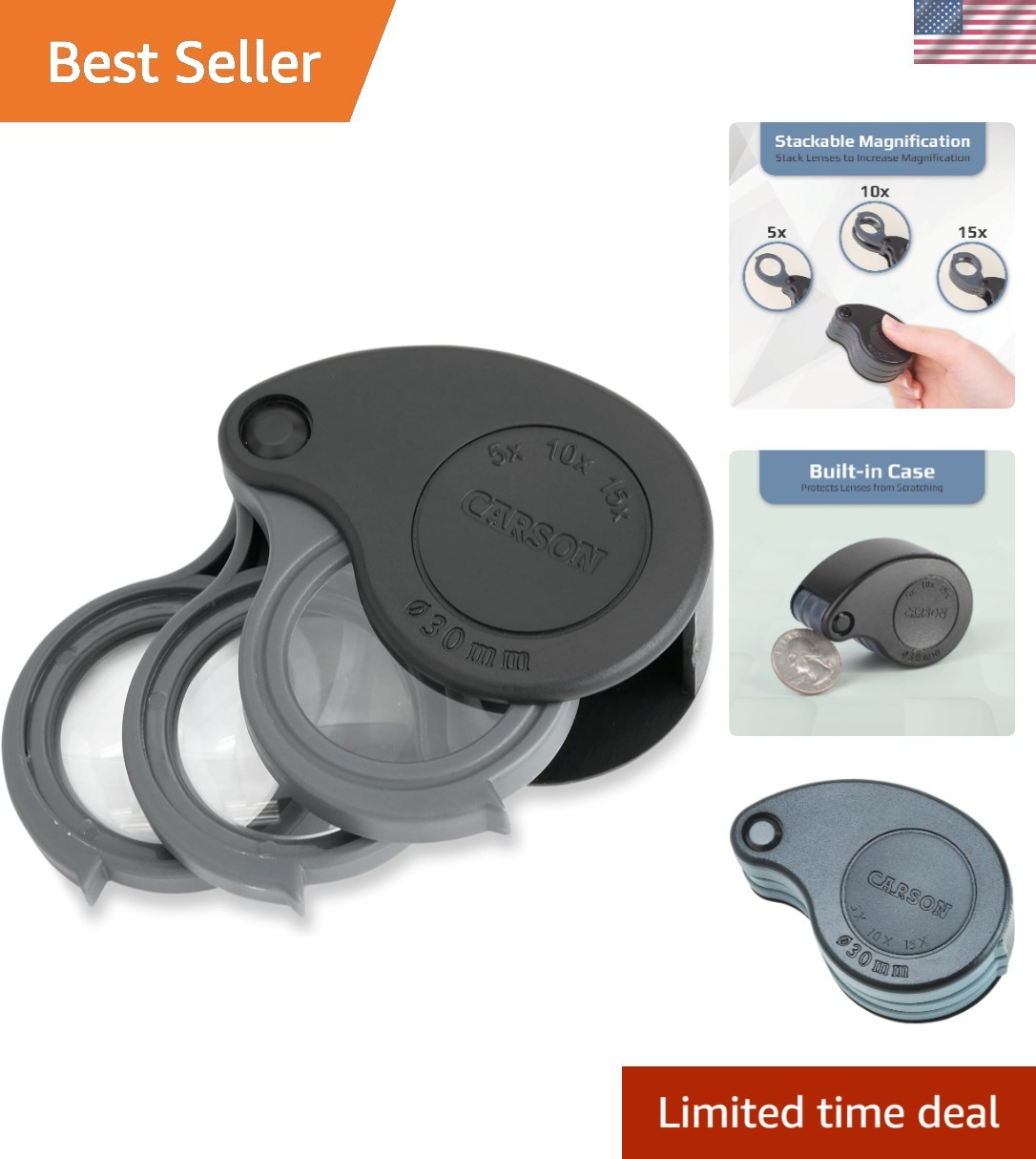 TriView 5x/10x/15x Folding Loupe Magnifier with Built-in Case, 3-in-1 Portabl…
