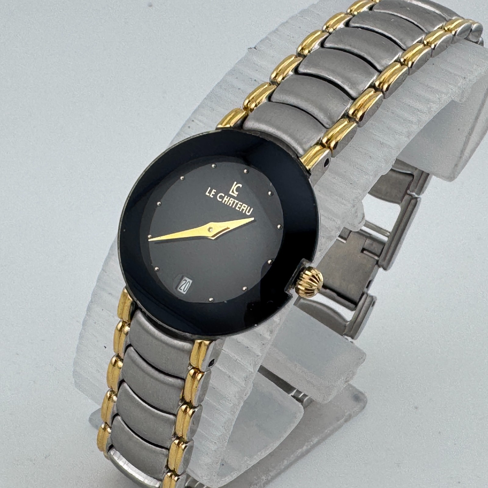 LE Chateau Quartz Watch Women Dual Tone Black Date Thin Analog New Battery 7.25″