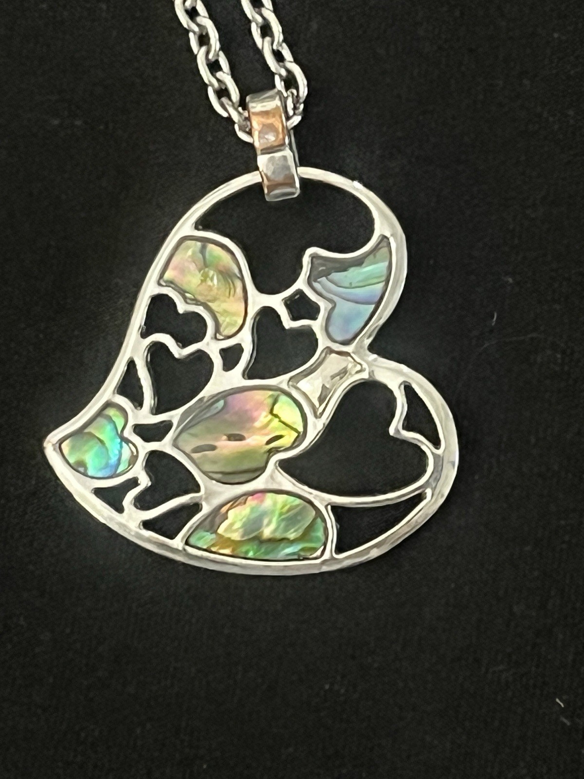 Abalone Shell Heart Pendant Necklace & Earrings Set Silver Tone Filigree 15–19”