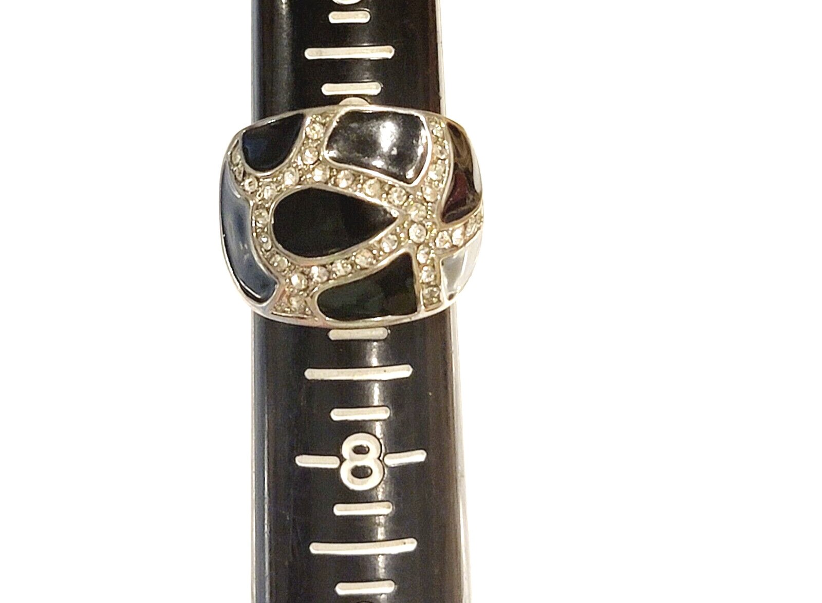 Modernist Black Enamel Rhinestone Ring Size 6.5 Contemporary Jewelry r-38