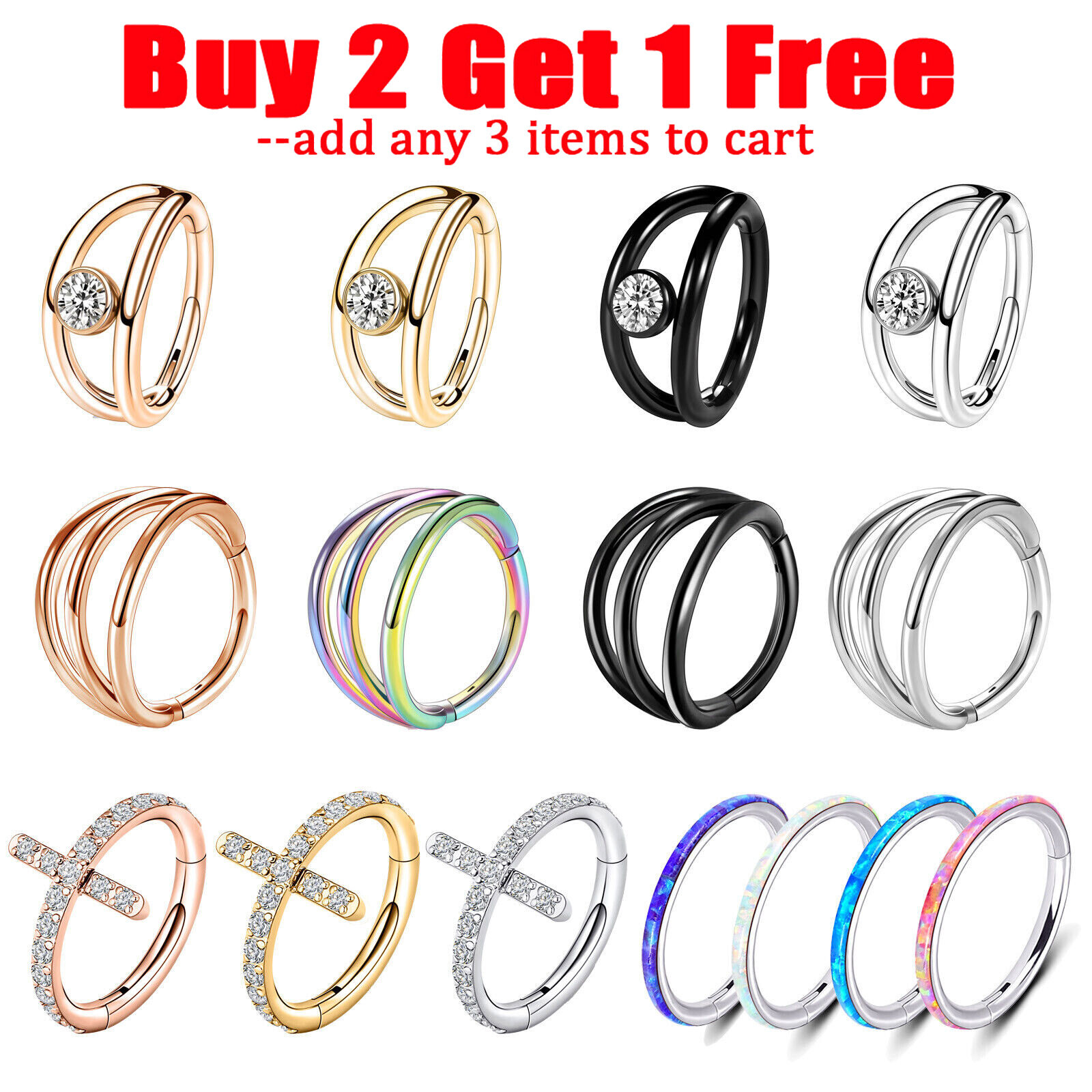 16G Opal CZ Nose Hoop Rings Septum Clicker Surgical Steel Daith Tragus Piercing