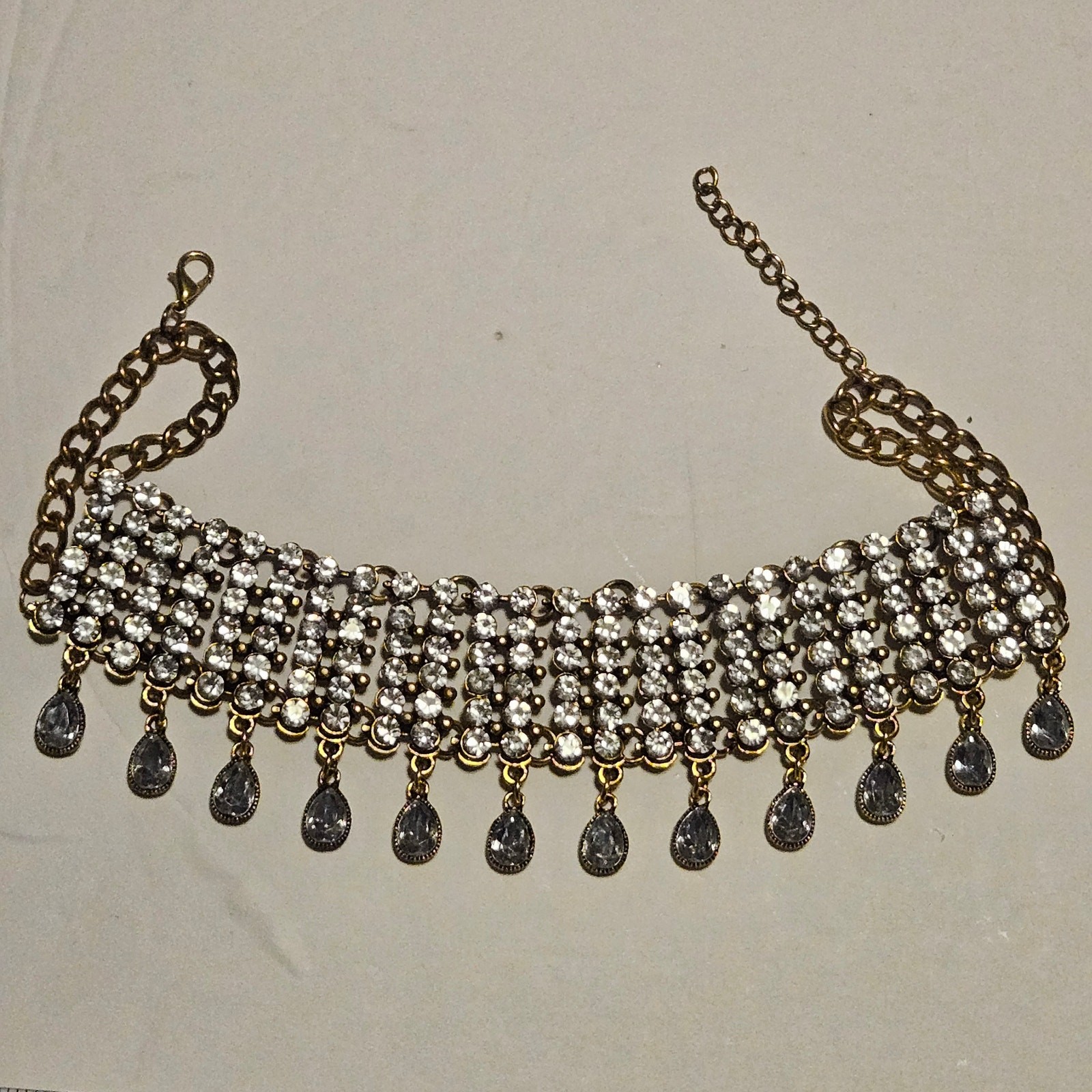 Rhinestone Mesh Choker Necklace Gold Drop Fringe Collar Curb Chain 13-17″