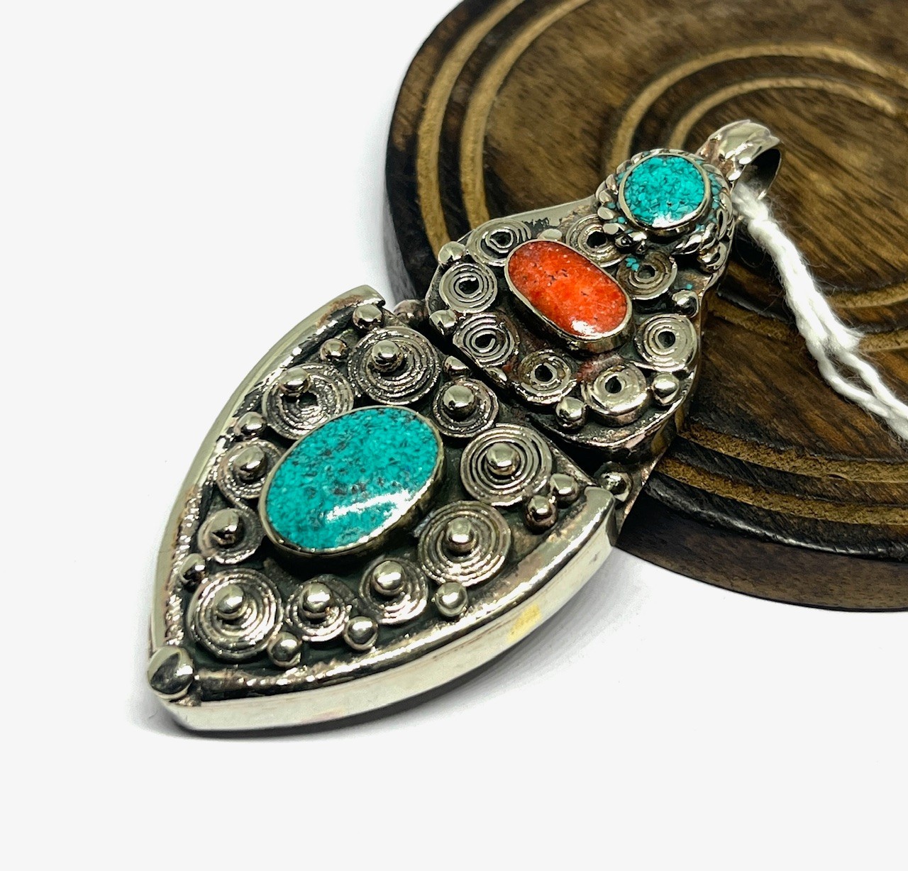 Ethnic Turquoise Coral Gemstone Tibetan Traditional Pendant Jewelry, 2.5 inc