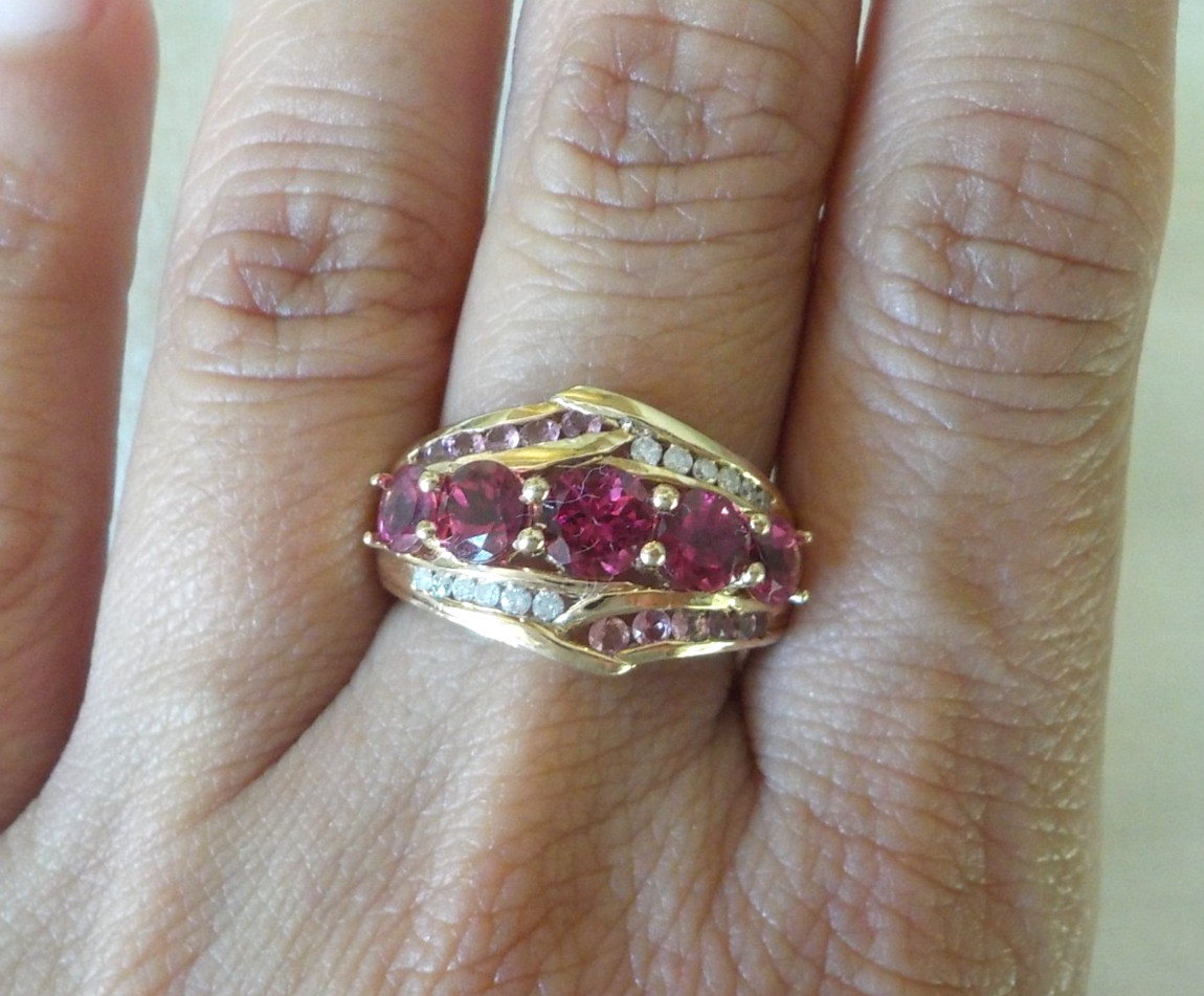 18K Yellow Gold Cluster Pink Gemstone Diamond Ring – 4.36 gms, Sz 6.75, 1.60 ctw