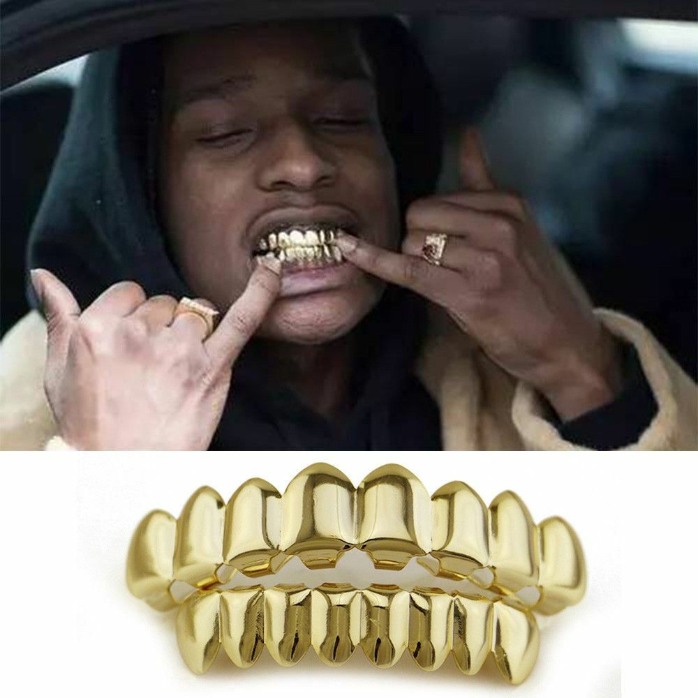 14K Gold Plated Flashy High Fashion Top/Bottom Grillz Set w/ Custom Molding Kit