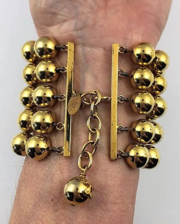 CHANEL Vintage Gold Tone Five Row 2 1/4 Inch Wide Ball Bracelet
