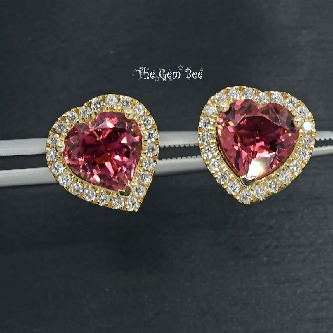 11.6mm 14k Yellow Gold 3.22CT Pink Tourmaline Heart Diamond Halo Ear Stud Post