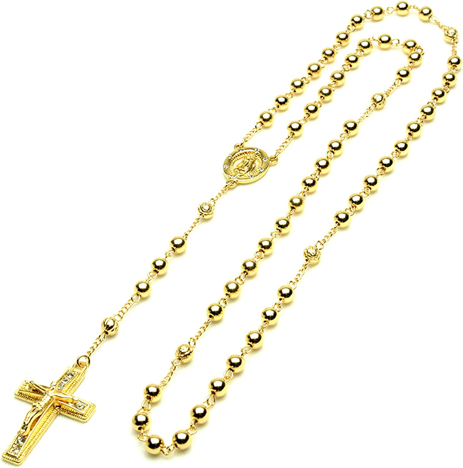 Collar de Cuentas Oro 14k chapado para Hombre Rosario Guadalupe Jesús cadena 28″