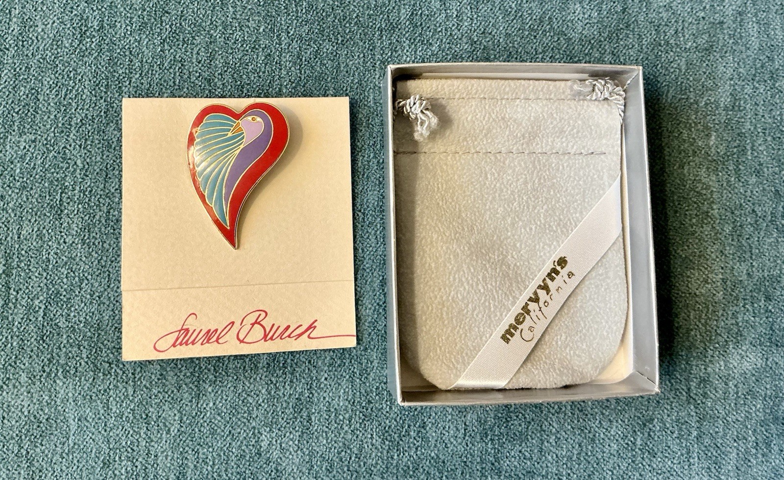 Laurel Burch Dove On Heart Pin, Ceramic & Enamel, NEW, Never Worn, Vintage