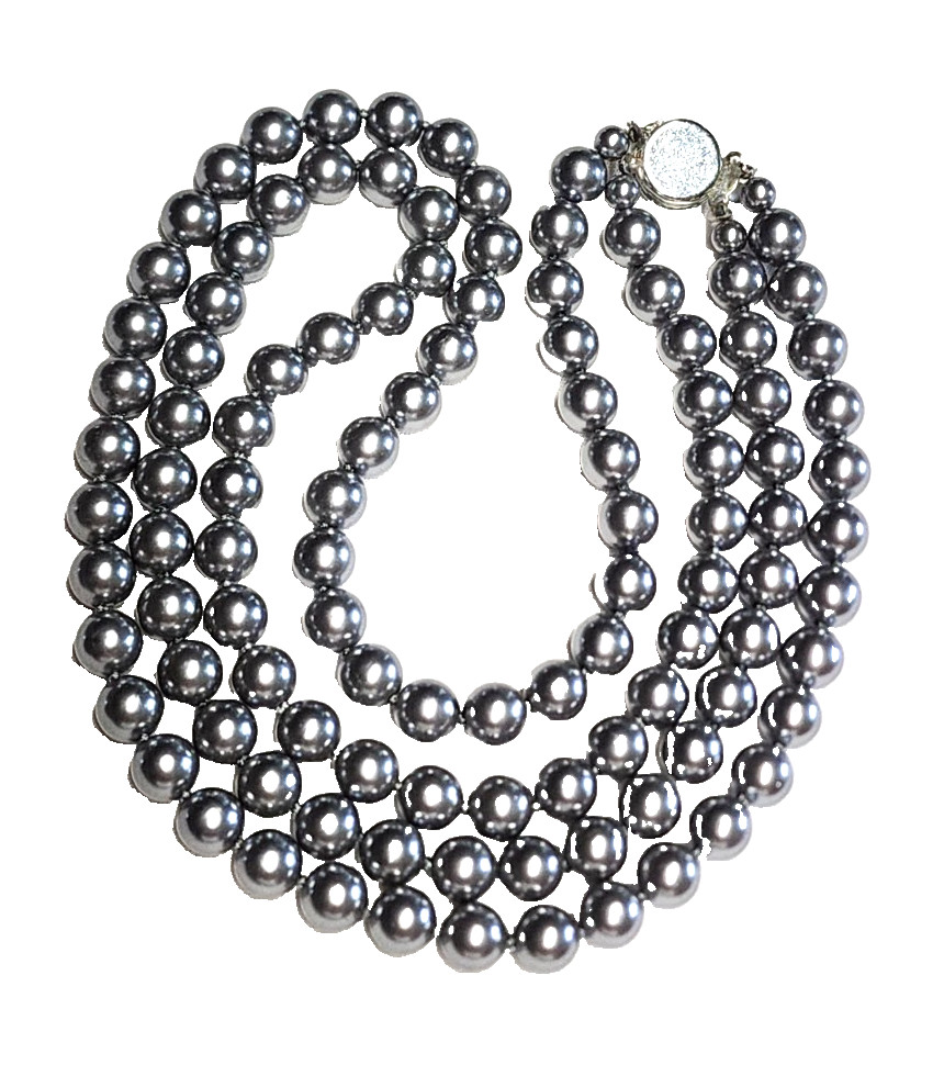 Vintage Silver Gray Long Faux Glass Pearl Necklace Pretty Push Lock Clasp 22”