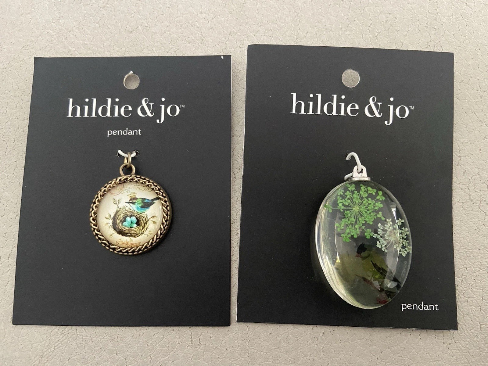 Hildie & Jo Nature Pendant Set –2 Flowers & Bird Nest Design – Resin Jewelry