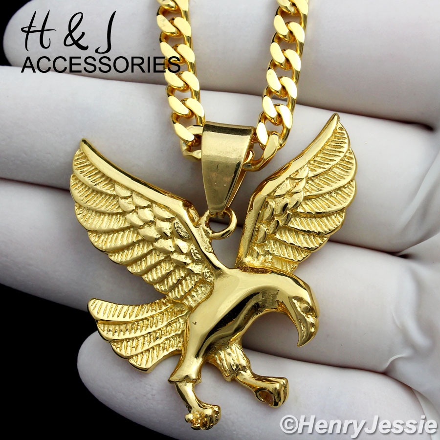 18-36″MEN Stainless Steel 5mm Gold Plated Cuban Curb Chain EAGLE Pendant*GP95