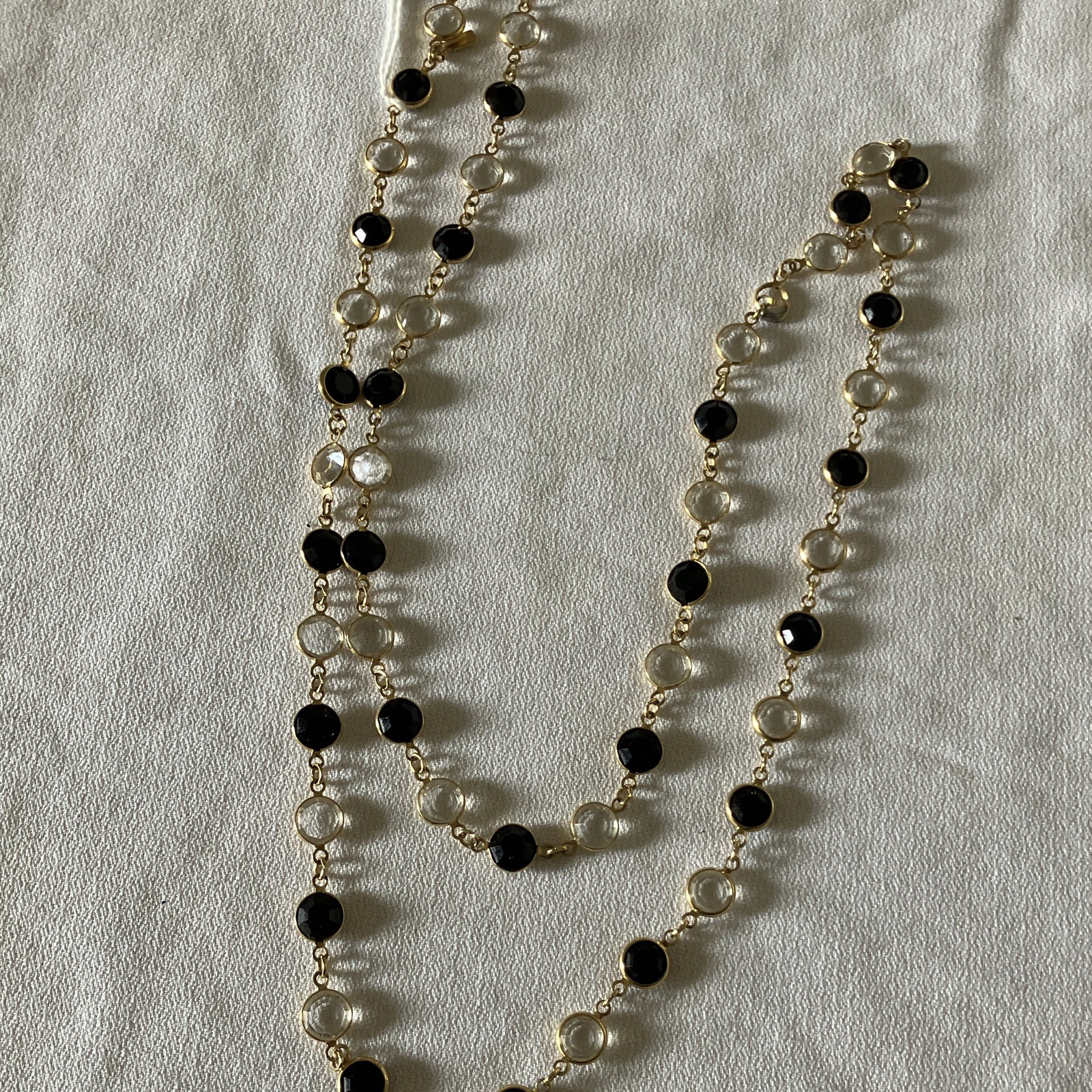 Gold Tone Cable Chain Necklace Bezel-Set Clear Crystal & Black Onyx 18in