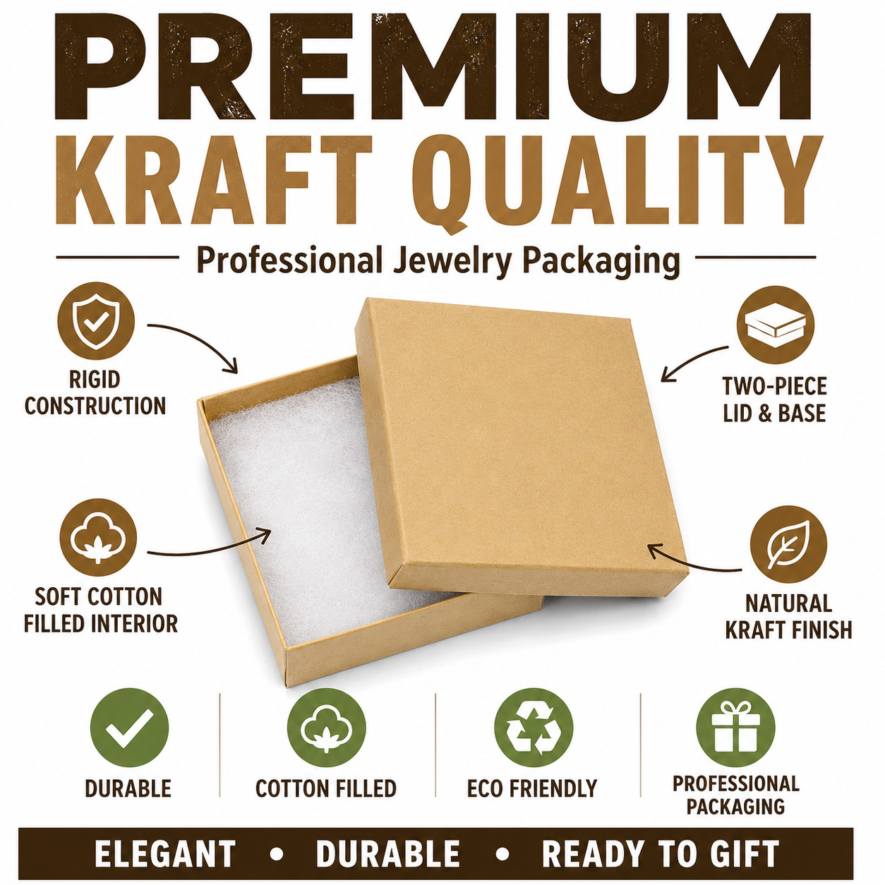 100 Natural Kraft Jewelry Gift Boxes Cotton Filled 3.5″ x 3.5″ x 1″