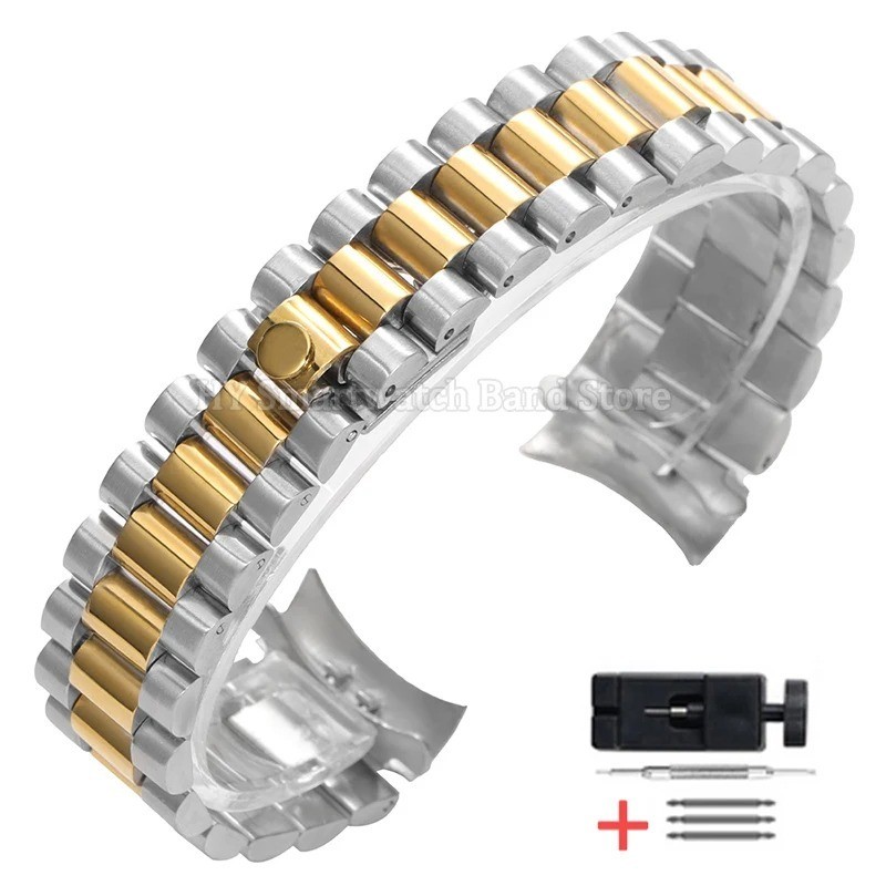 Solid Stainless Steel Strap Bracelet 20MM Curved End President Silver Watch Band