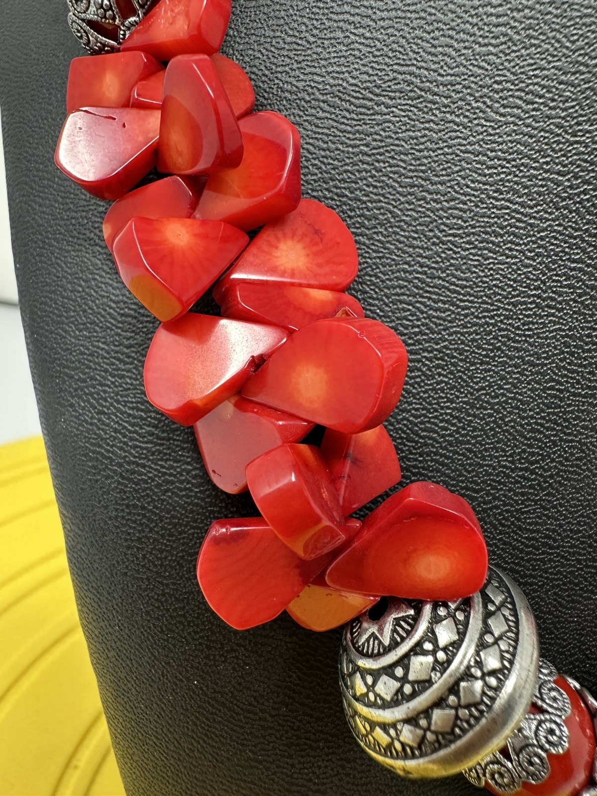 Sterling Silver Cross On A Red Coral Bead Necklace 114 Grams 17 Inch