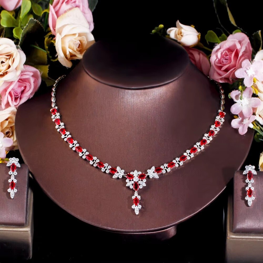 Lab-Created Oval Ruby & Diamond Wedding Women Necklace & Earrings Set 925 Silver