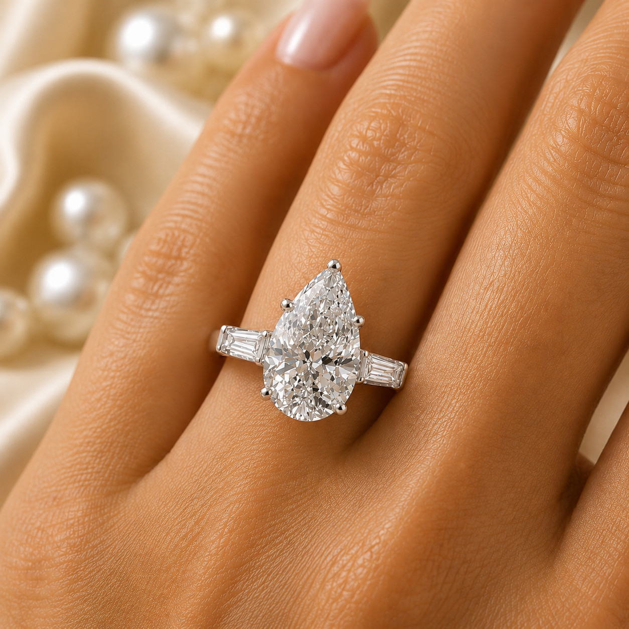 Sale ! 14k White Gold Diamond Engagement Ring IGI Lab Grown 5.80 Carat Pear Cut