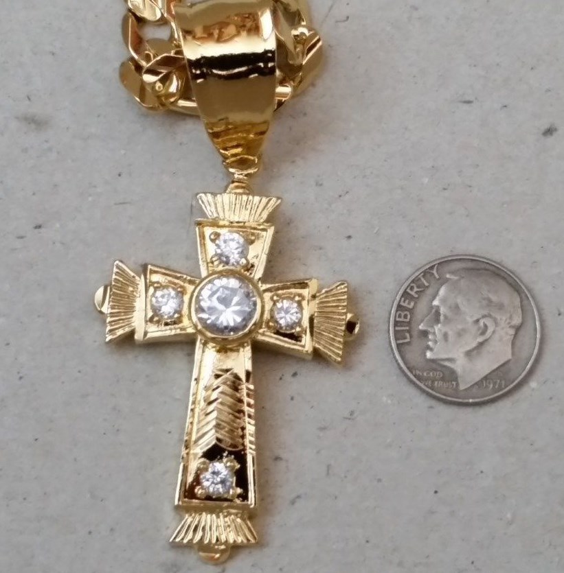 Men’s Yellow Gold Plated 30in 8mm Wide Figaro Chain & 5 CZ Cross Charm Set New