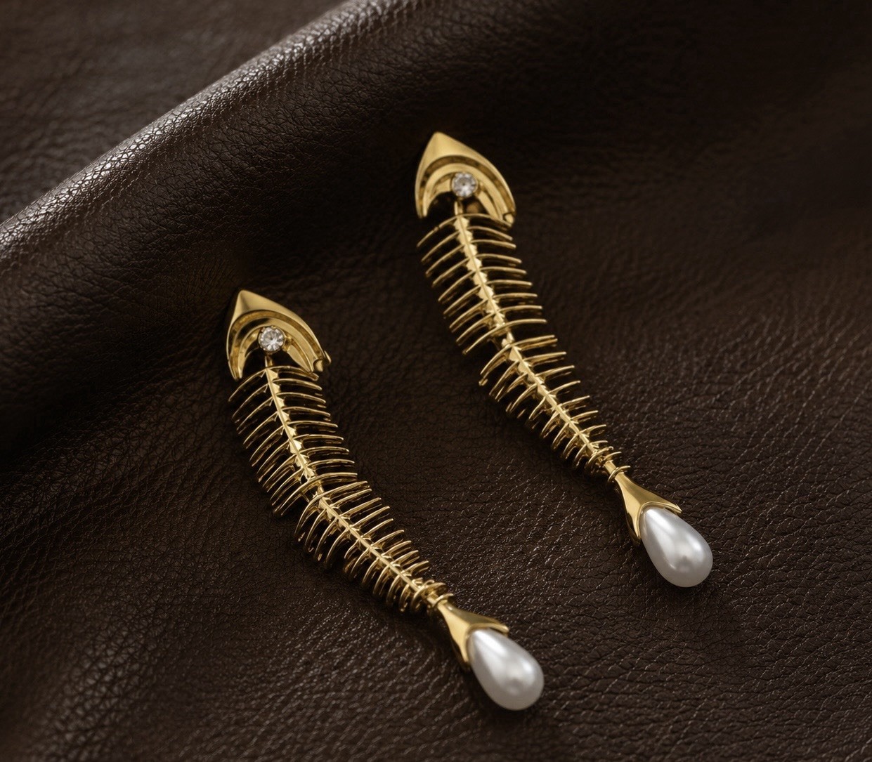 Fish Bone Earrings Pearl Skeleton Long Gold Boho Stud Zara Statement CZ Boho VTG