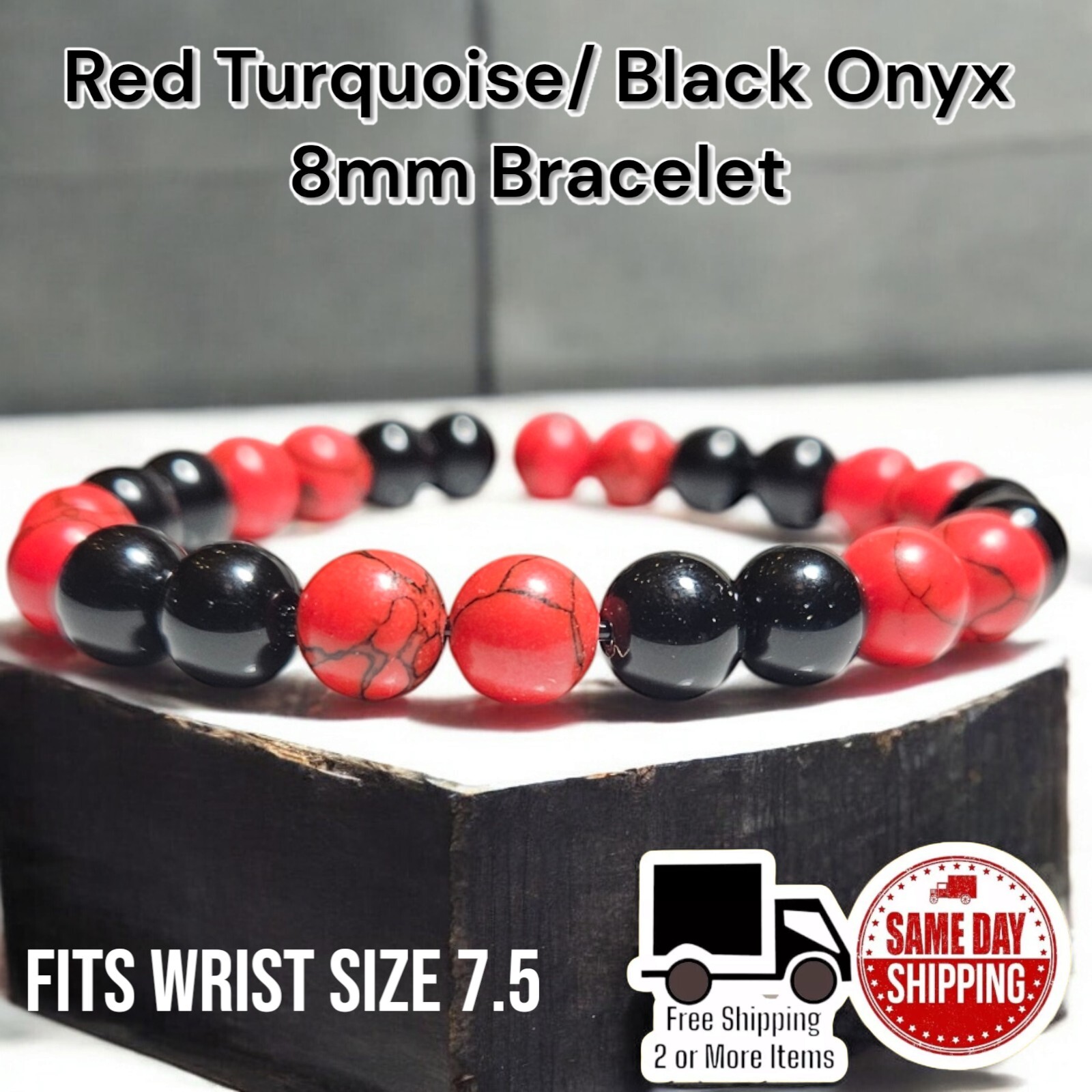 Black Onyx / Red Turquoise 8mm Beaded Bracelet Style #2 Wrist Sz 7.5