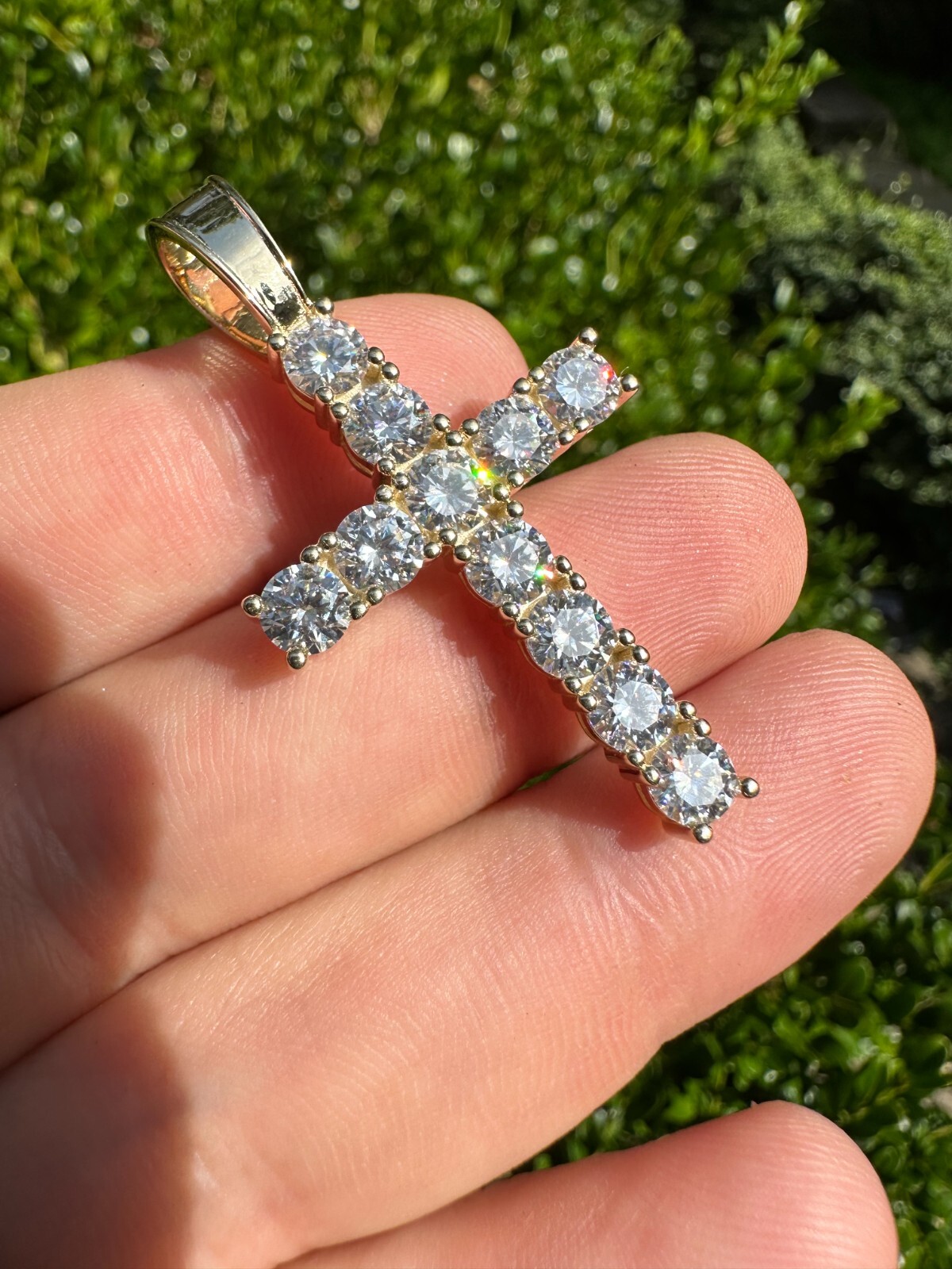 Real MOISSANITE Solid 10k Yellow Gold Iced Tennis Cross Pendant Necklace 5 Sizes
