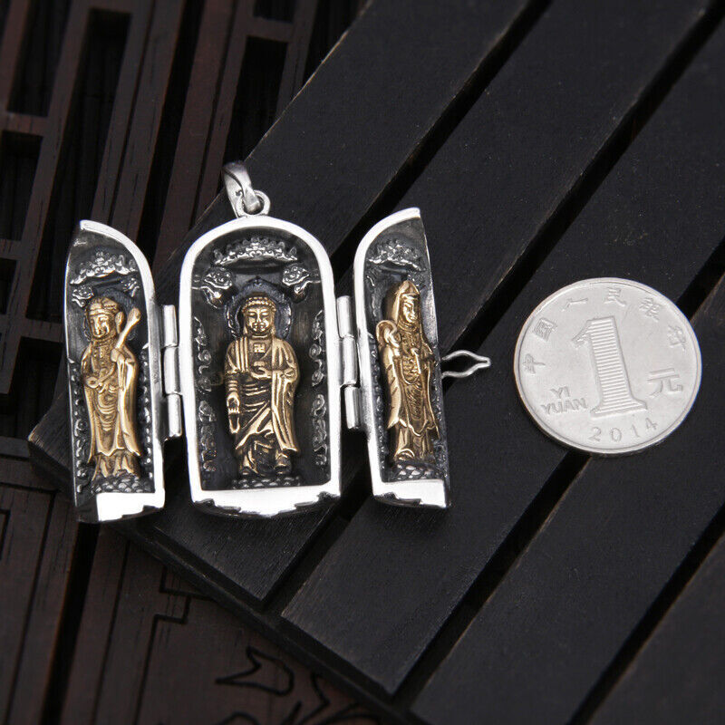 Pure Solid S925 Sterling Silver Men Women Bless Kwan-yin Buddha Pendant