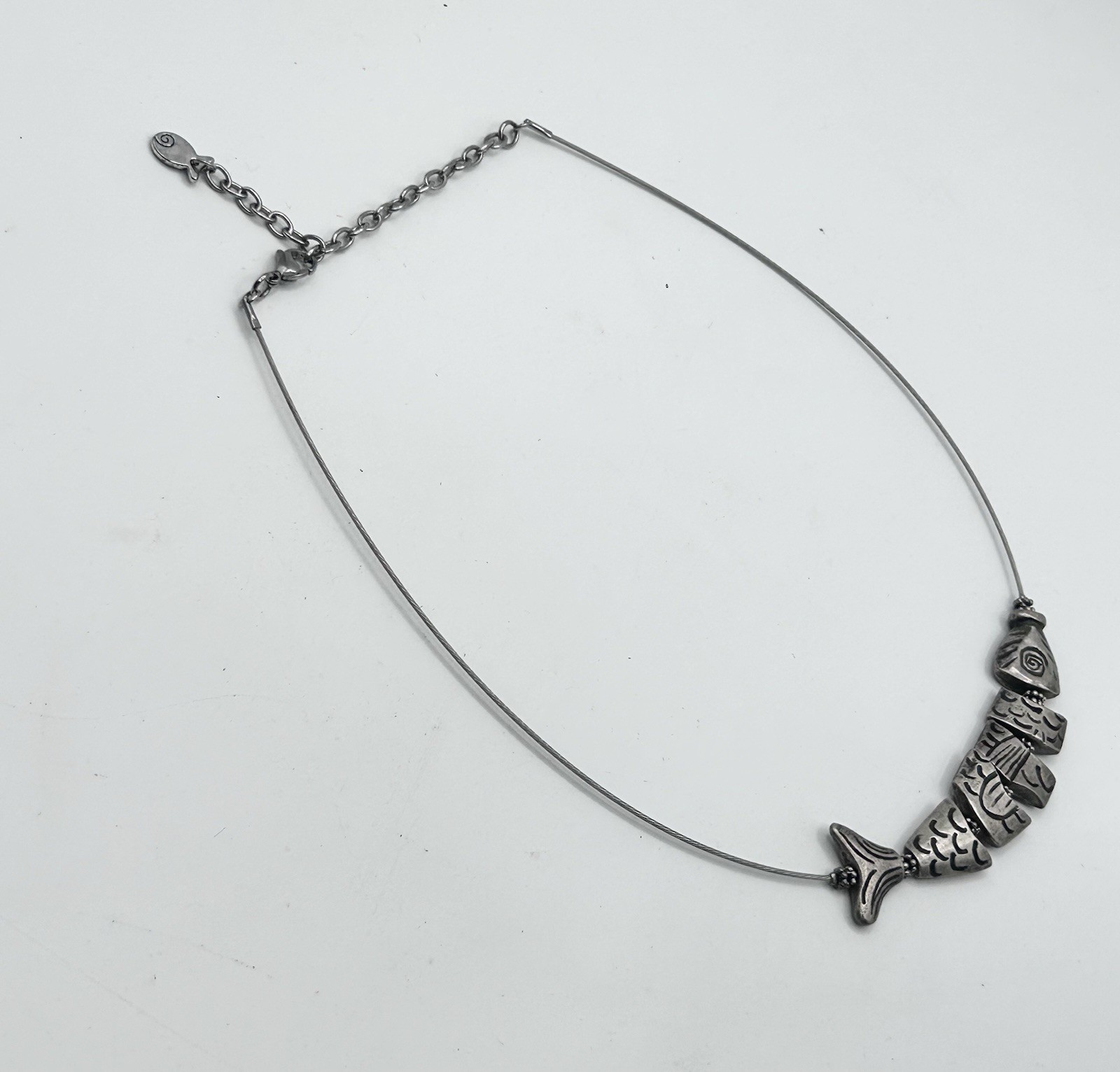 Vintage Feifish Brand Segmented Fish Necklace Silvertone 7″-9″ Adjustable
