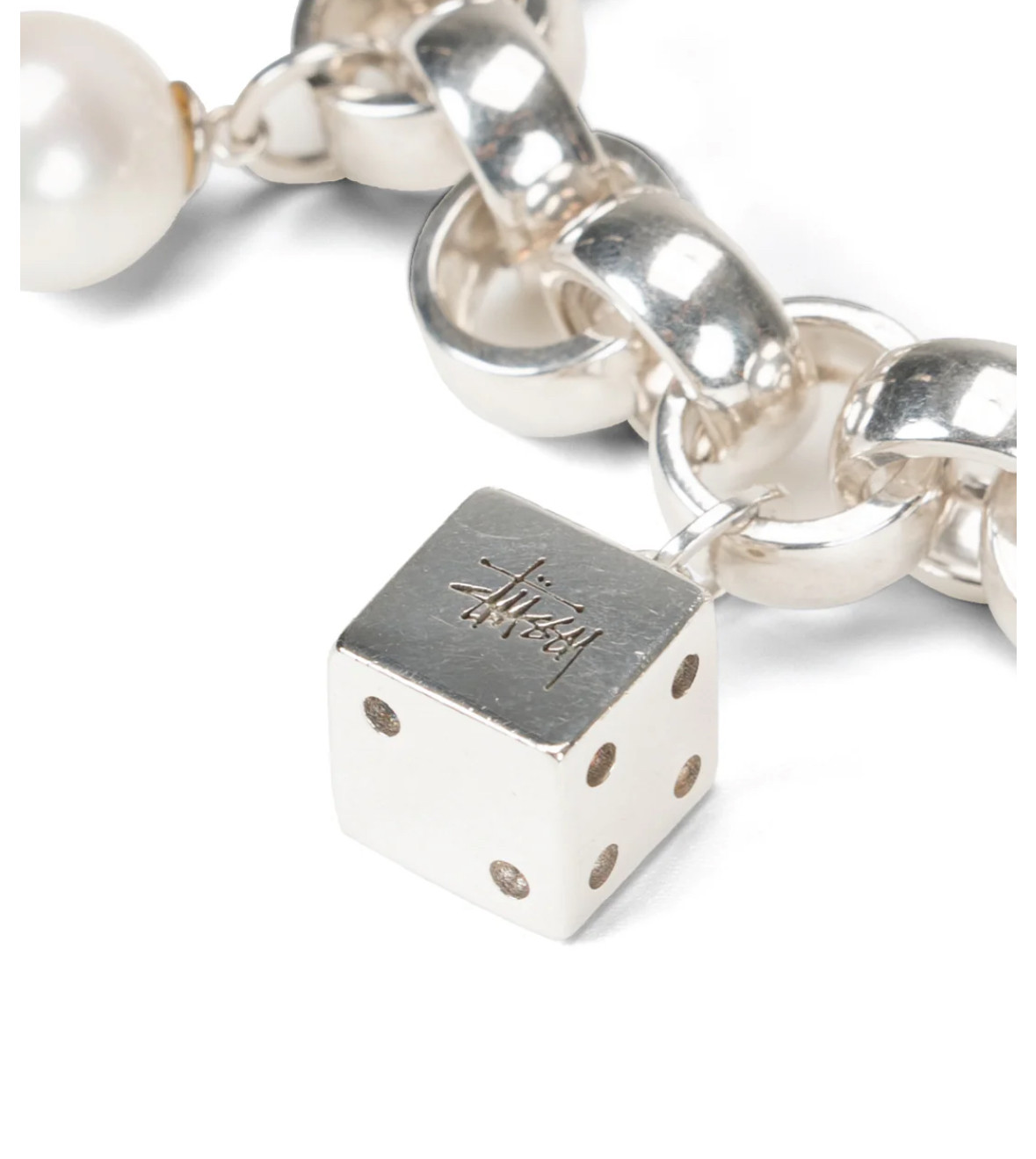 Stussy Charm Bracelet 925 Sterling Silver Pearl Chain Link Streetwear Jewelry Un