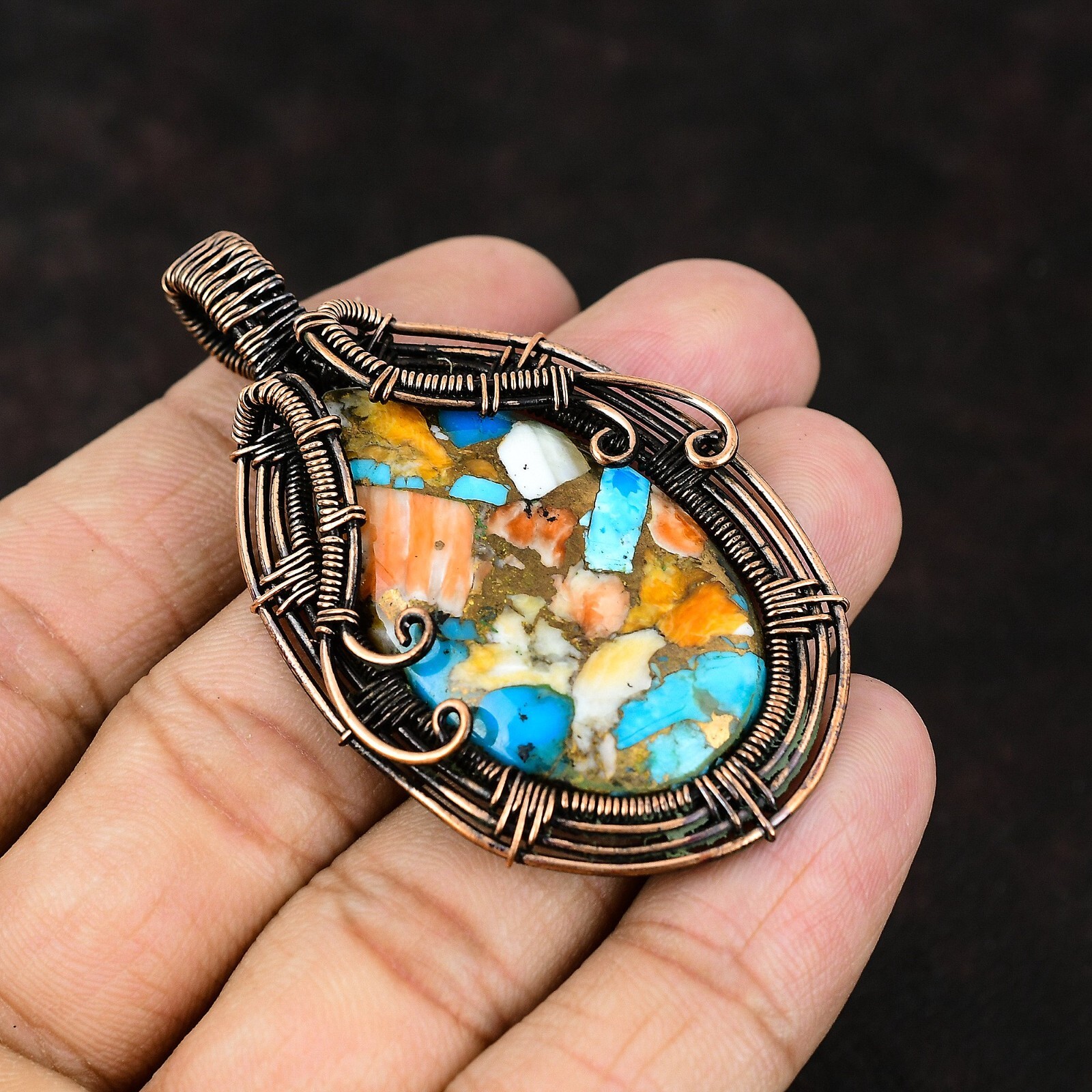 Spiny Oyster Turquoise Jewelry Copper Wire Wrapped Pendant For Women 2.56″