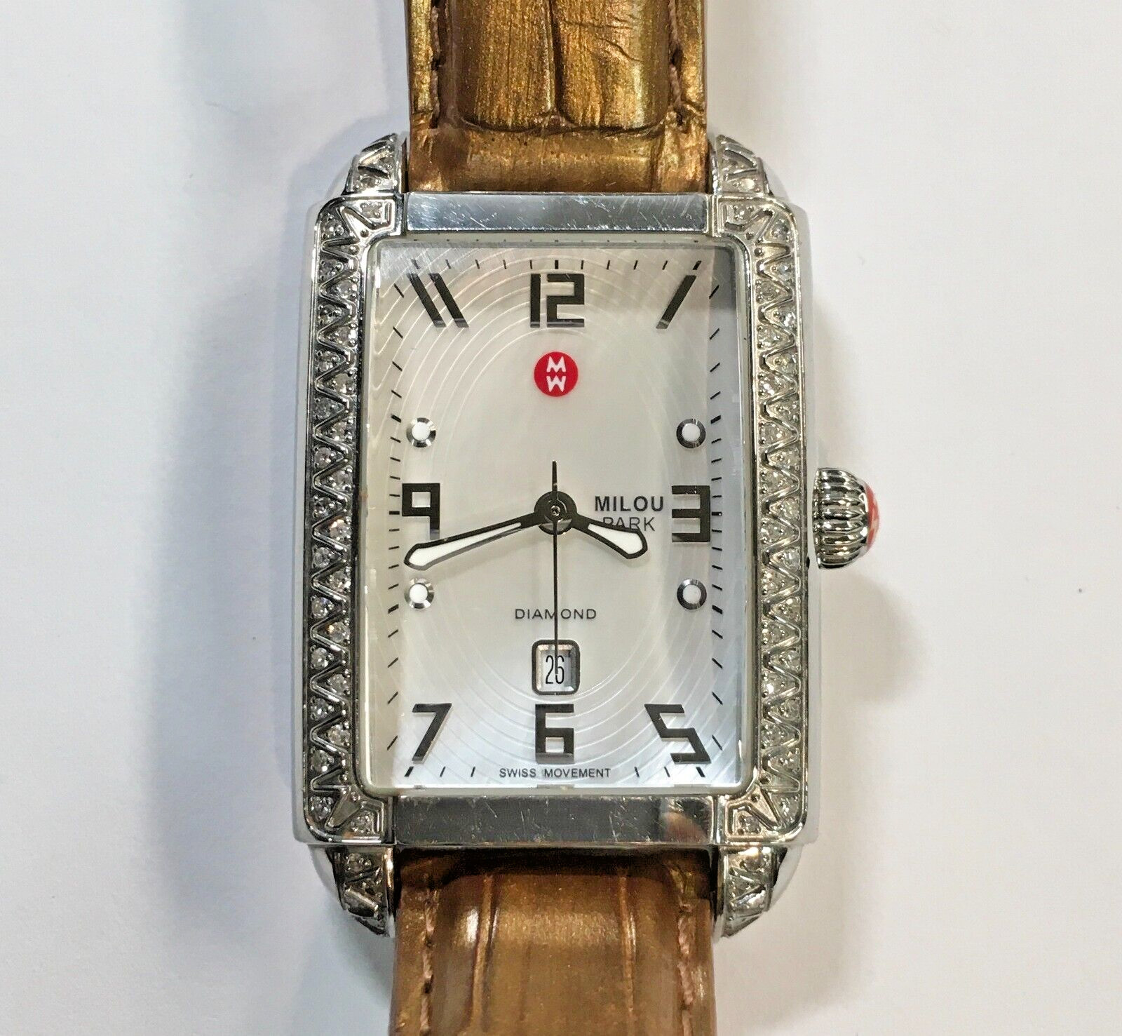 Michele Diamond Milou Park Rectangle Watch Gold Strap Mother of Pearl