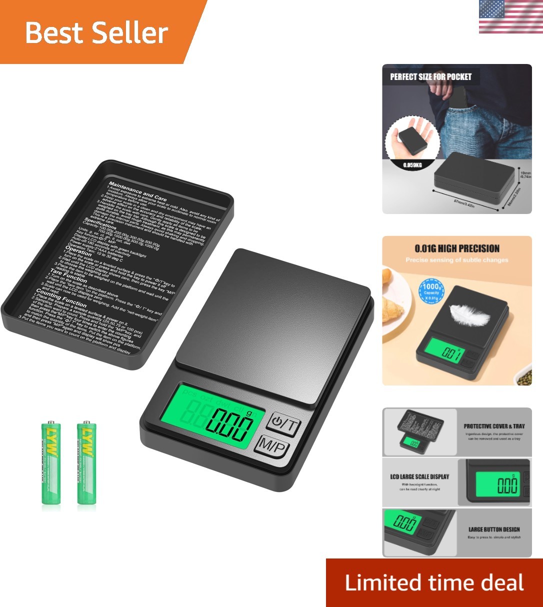 1000g x 0.01g Digital Pocket Scale Portable Precision Gram Weighing Scale