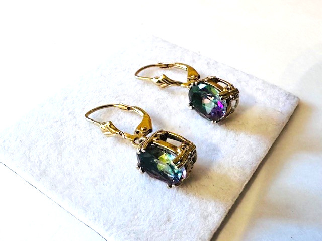 Estate 10K Yellow Gold Mystic Topaz Dangle Drop Earrings