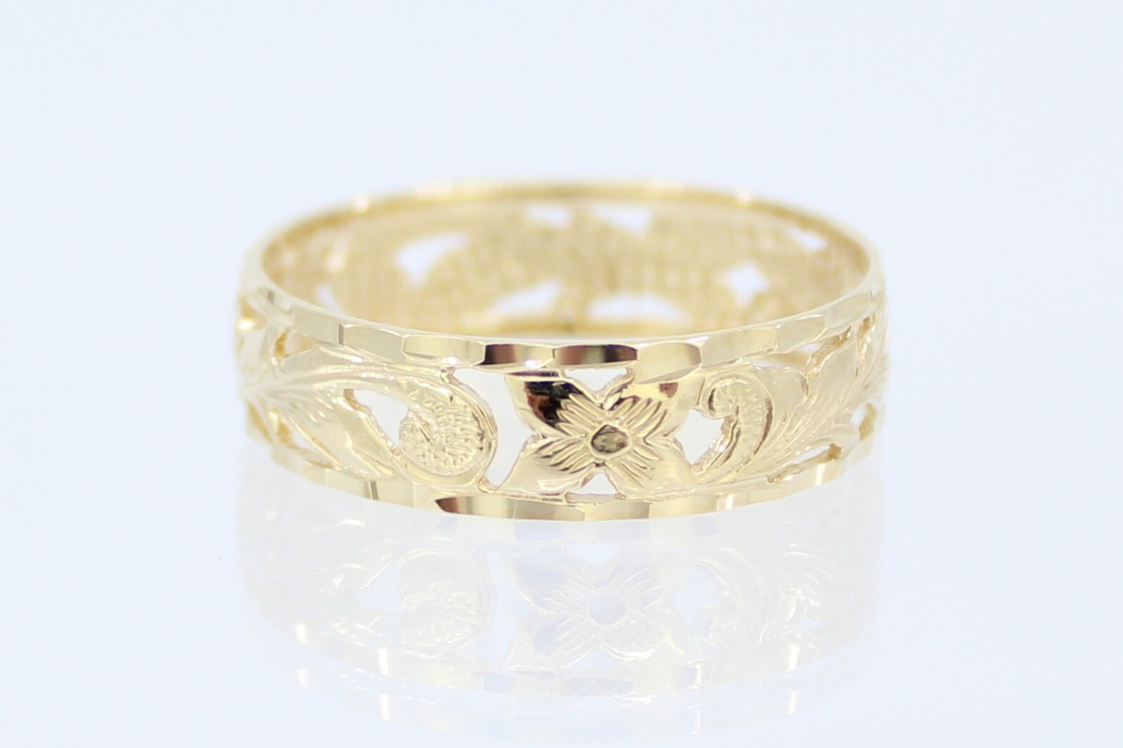 14k Gold 6mm Hawaiian Heritage Heirloom Cutout Ring -Wedding Band, Hand Engraved