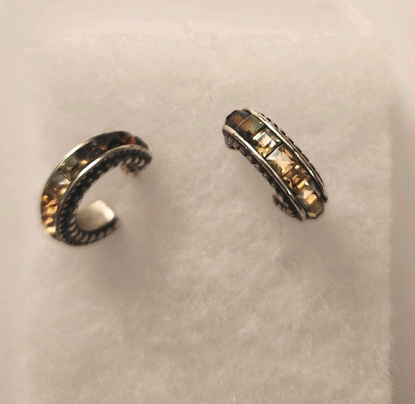 Brighton crescent hoop brown Crystal Post Earrings Silver Plate