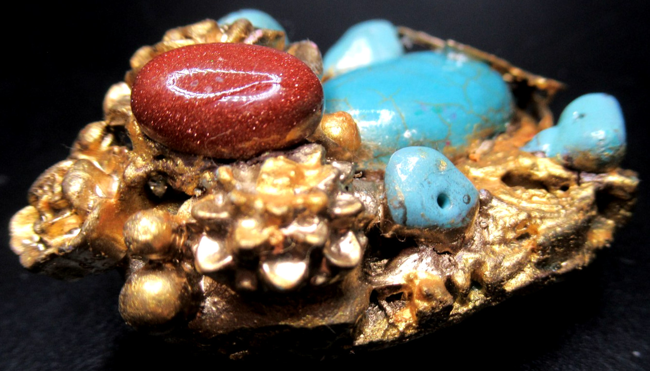 FRENCH Gilded Resin Rhinestone Turquoise Goldstone Pin Brooch