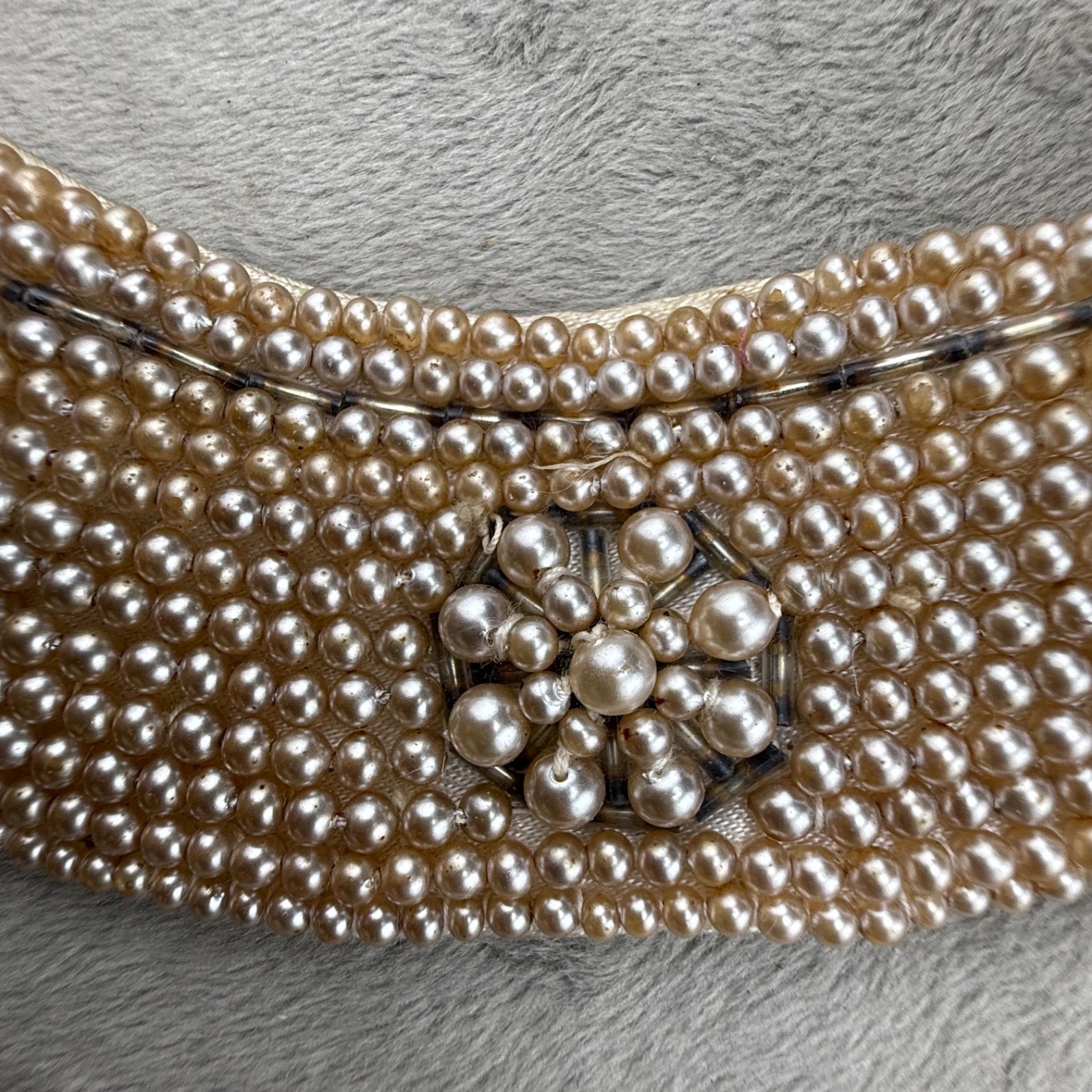 Vintage Beaded Collar Necklace Cloth Backing Imitation Pearl 15” READ