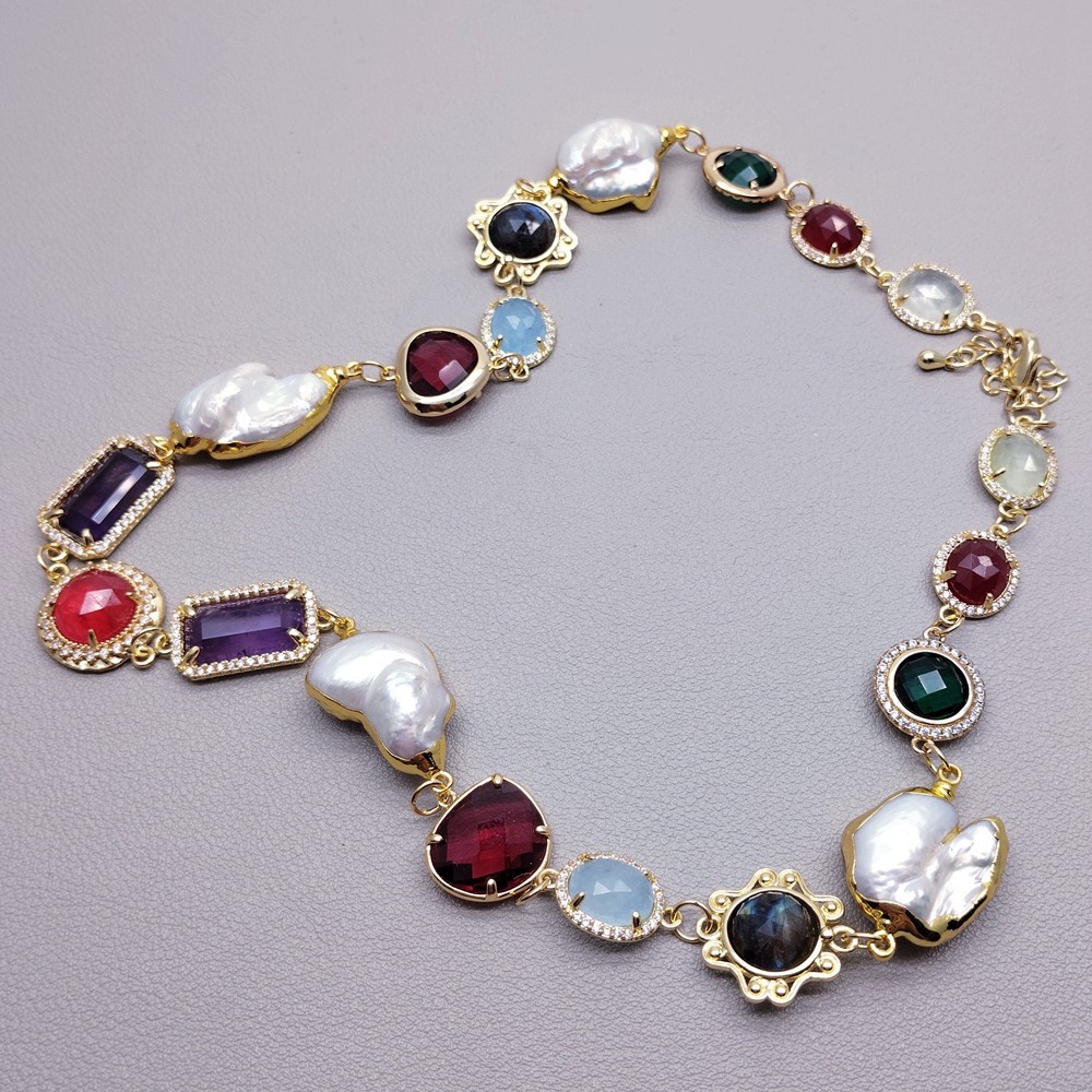 Unique Multi Color Stone Crystal Cultured White Pearl Choker Necklace Handmade