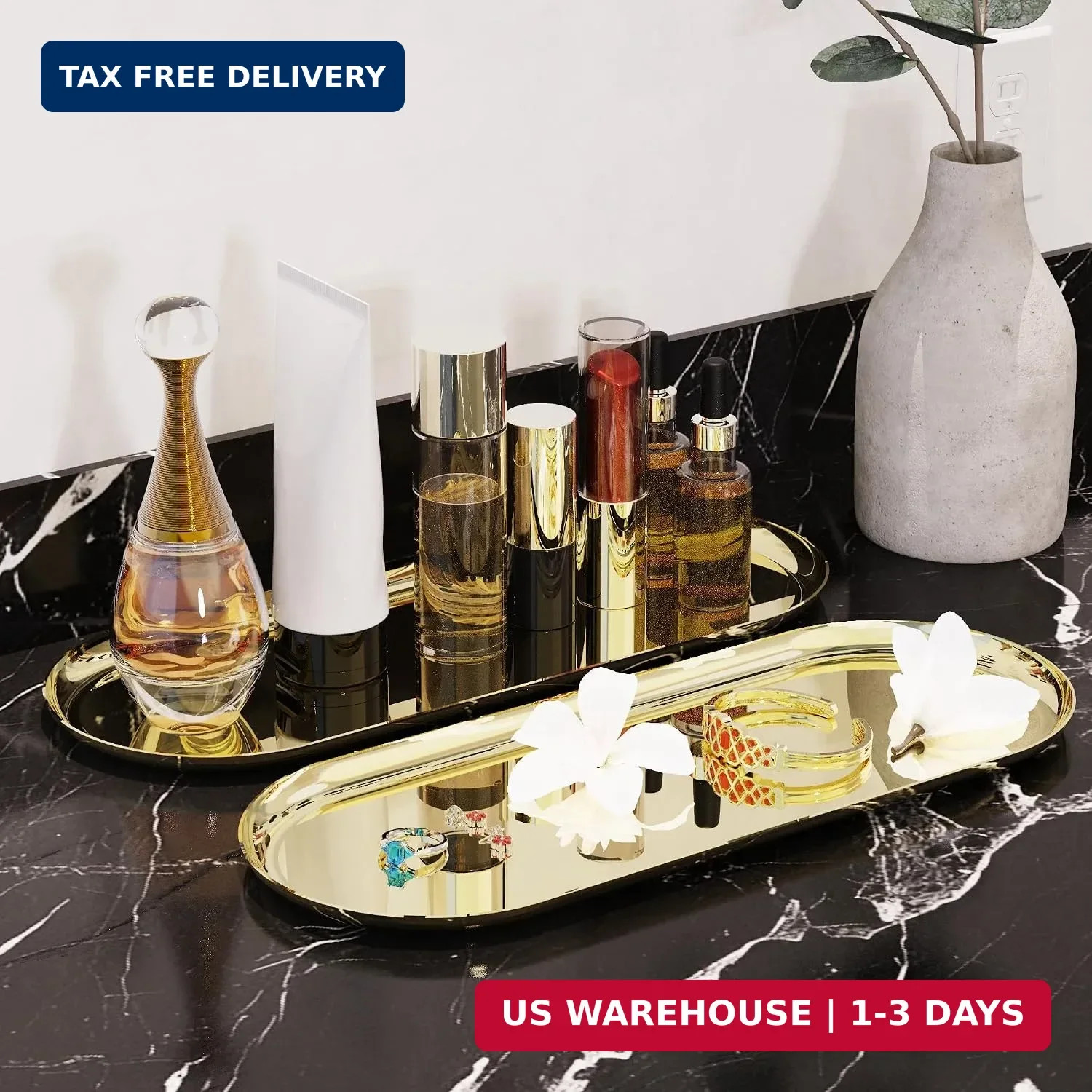 2 Pack Golden Bathroom Sink Vanity Decorative Tray, 12in Oval Trinket Storage fo