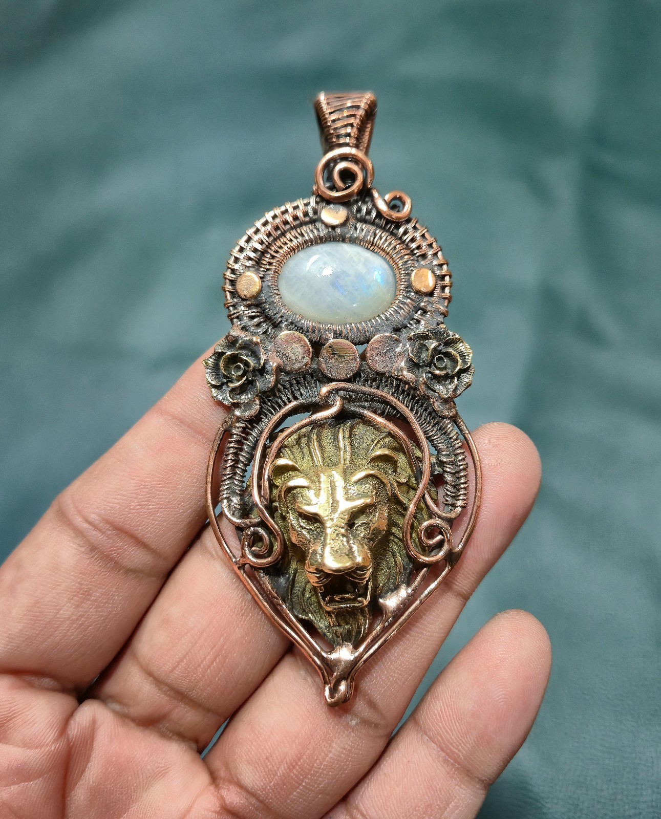 Moonstone Lion Face Pendant Wire Wrapped Pendant Handmade Jewelry Wedding gift