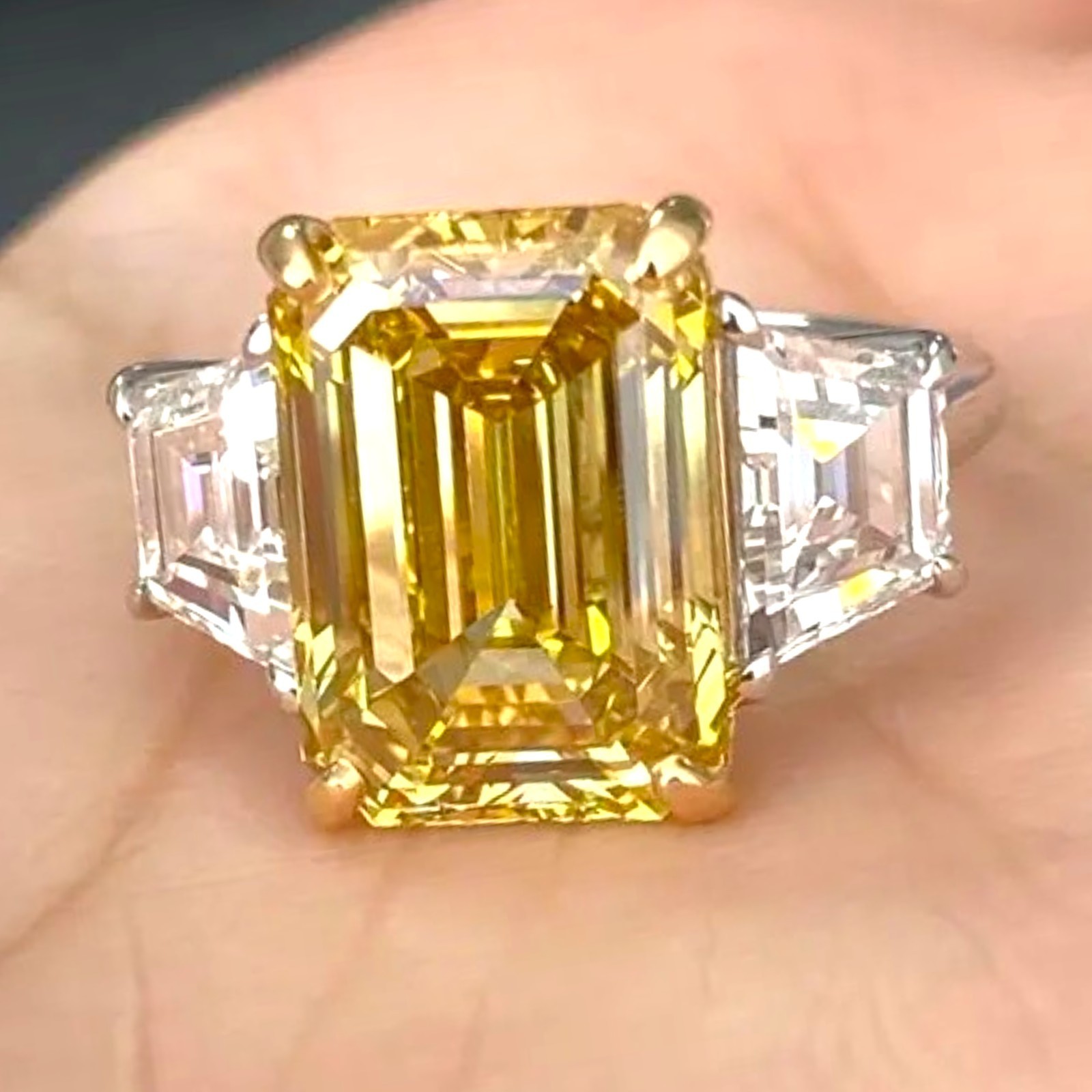 Fancy Vivid Yellow Diamond Ring 18K Multi Gold IGI Lab Grown 5.00 Ct Emarald Cut